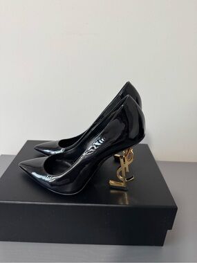 Saint Laurent Black Patent Leather Heels with Gold YSL Logo Heel